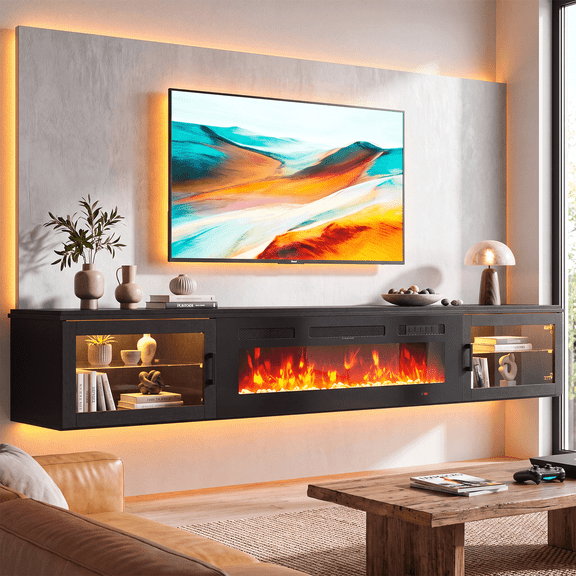 Sonegra 80" Floating TV Stand with 36" Electric Fireplace, High Gloss Finish Wall Mounted Fireplace Entertainment Center with Storage for TVs Up to 80", Black