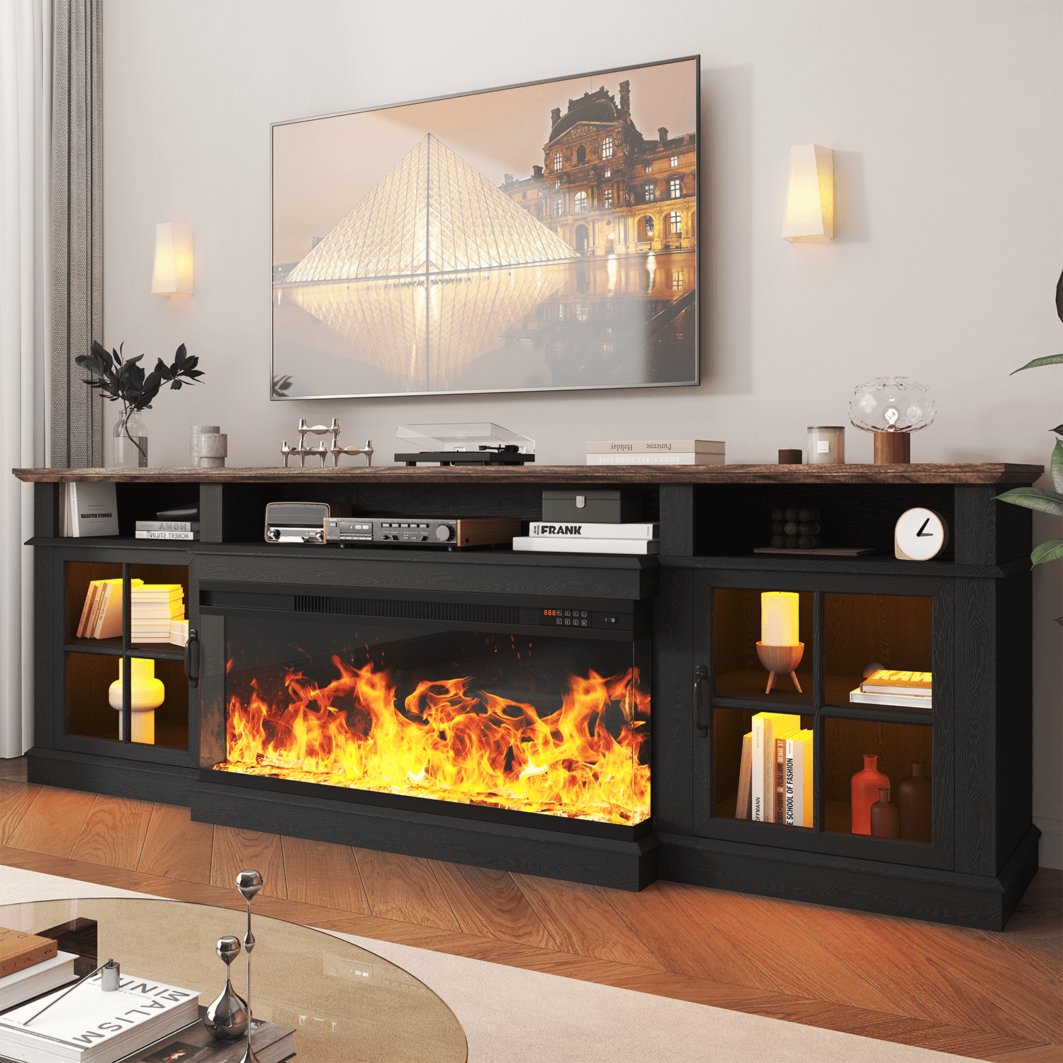 Sonegra 80 inch Fireplace TV Stand for TVs up to 90" with Electric Fireplace, Farmhouse Entertainment Center with LED Lights and Glass Door, Modern TV Consoles for Living Room, Black