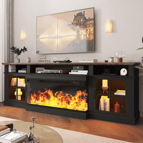 Sonegra 80 inch Fireplace TV Stand for TVs up to 90" with Electric Fireplace, Farmhouse Entertainment Center with LED Lights and Glass Door, Modern TV Consoles for Living Room, Black