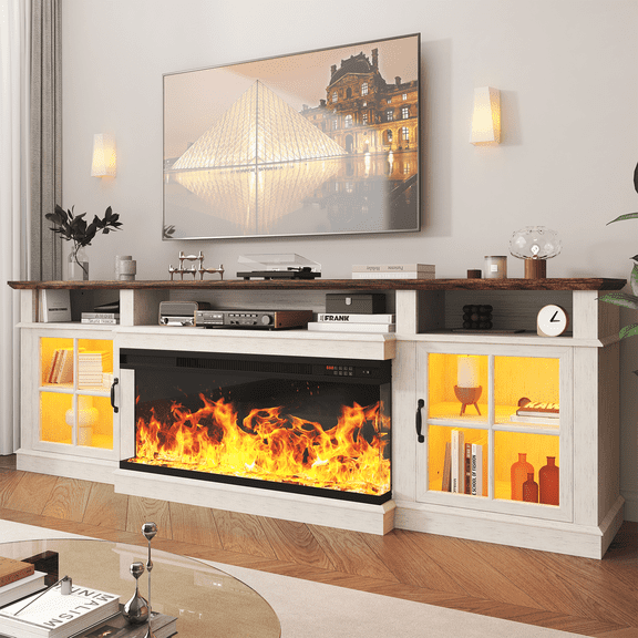 Sonegra 80 inch Fireplace TV Stand for TVs up to 90" with Electric Fireplace, Farmhouse Entertainment Center with LED Lights and Glass Door, Modern TV Consoles for Living Room, White