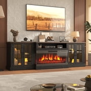 Sonegra 87" Farmhouse TV Stand with Fireplace for TVs up to 90", Media Entertainment Center with Adjustable Shelves and Large Storage Cabinets, for Living Room, Black
