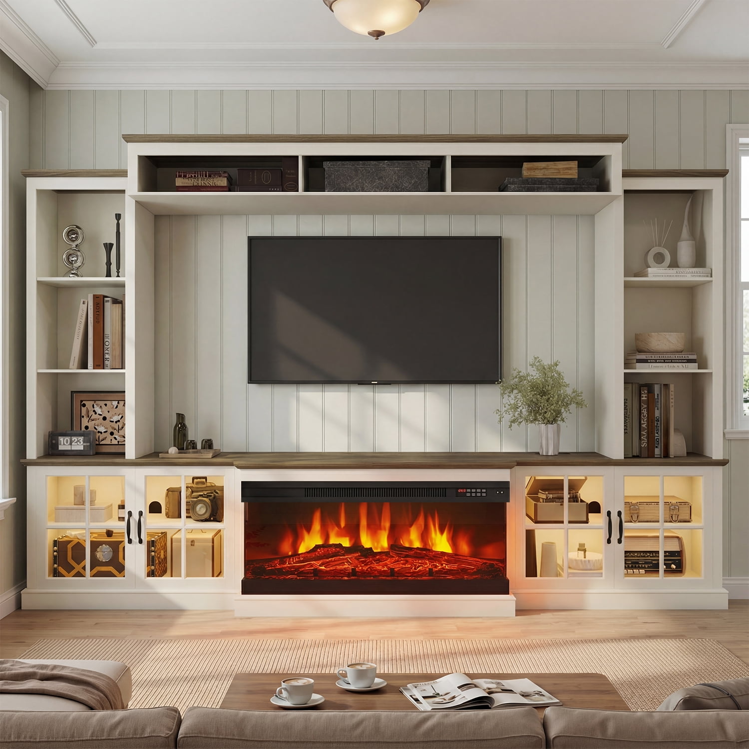 Farmhouse Entertainment Center with Fireplace, TV Stand, Bookshelf, Cabinet, & Fits TVs up to 75″