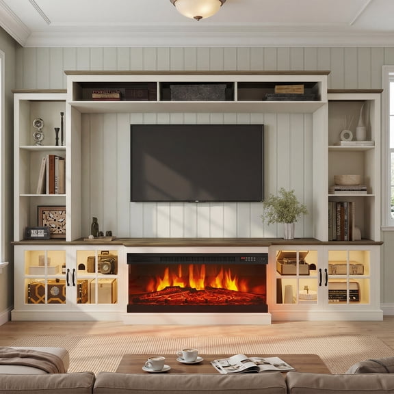 Sonegra 98" Farmhouse Entertainment Center with 36" Fireplace, TV Stand, Bookshelf, Cabinet, Fits TVs up to 75", Media Console with Power Outlets and Barn Doors for Living Room, White