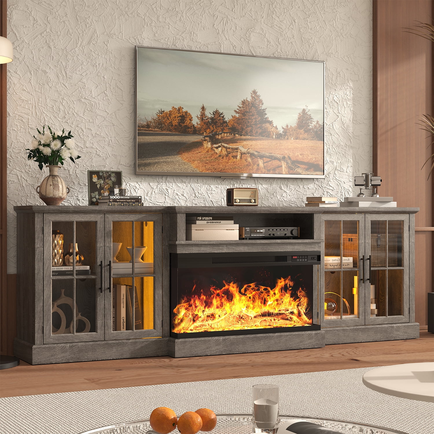 Sonegra 98" Farmhouse TV Stand with Fireplace for TVs up to 100", Media Entertainment Center with Adjustable Shelves and Large Storage Cabinets, for Living Room, Gray