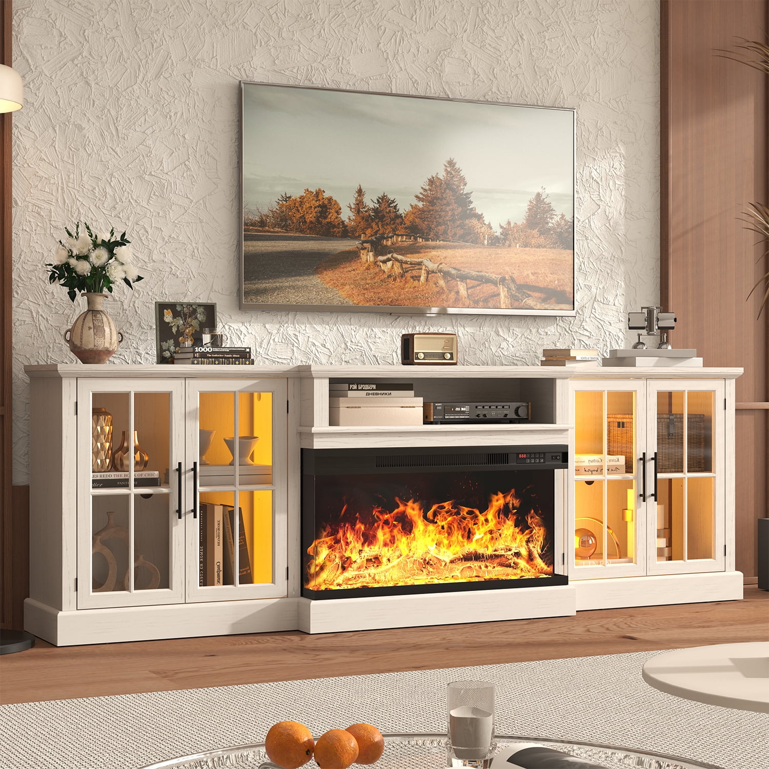Sonegra 98" Farmhouse TV Stand with Fireplace for TVs up to 100", Media Entertainment Center with Adjustable Shelves and Large Storage Cabinets, for Living Room, White