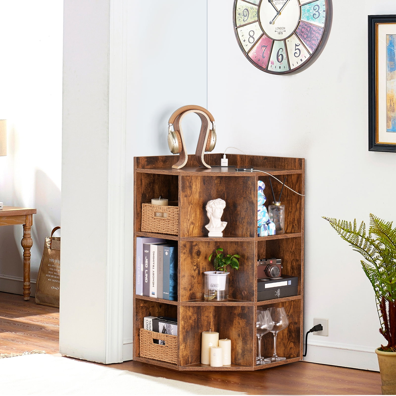 Sonegra Brown Corner Storage with Usb Ports and Outlets, Toy Storage For Small Space, for