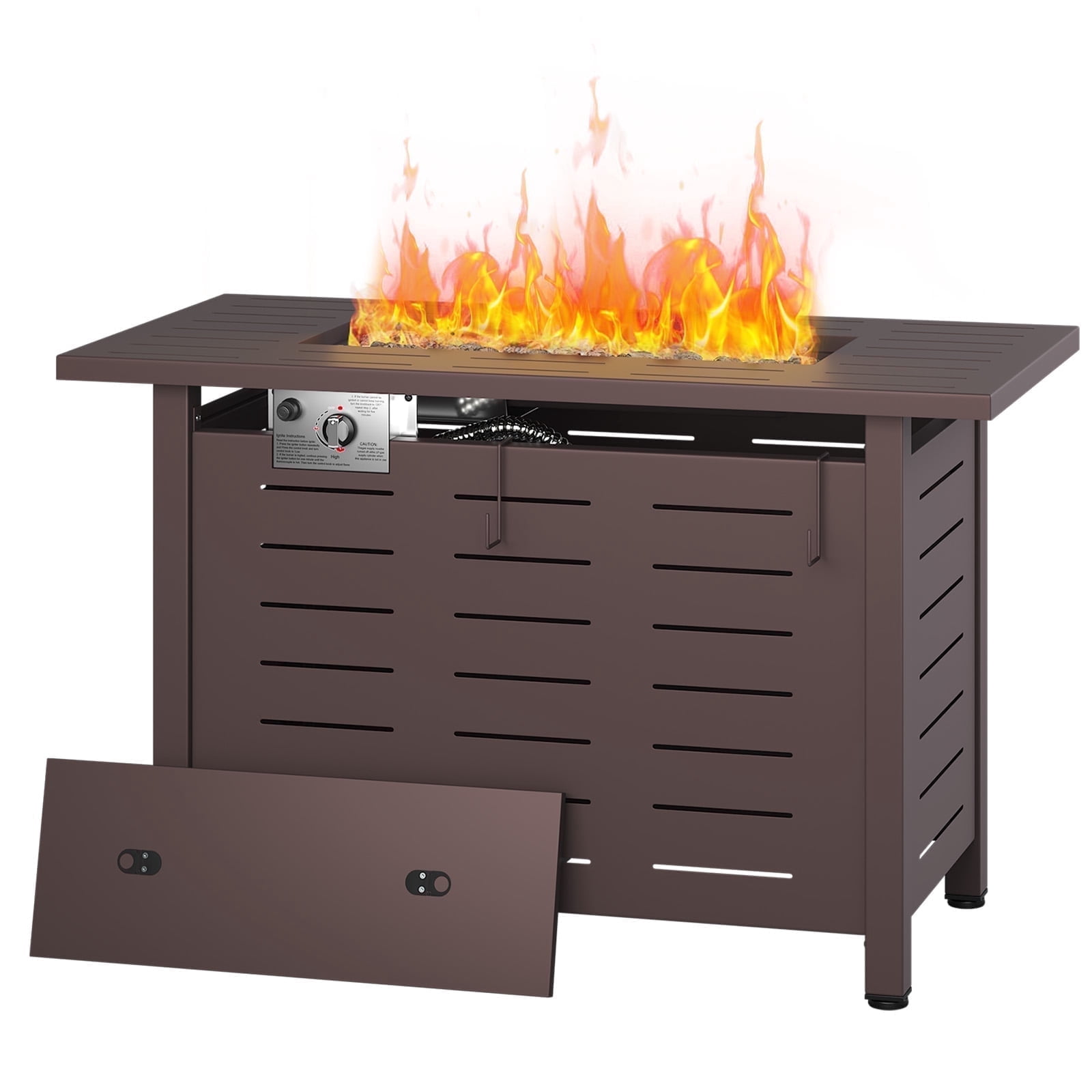 LazySunsets 42" Rectangle Propane Fire Pit Table – 50,000 BTU Outdoor Patio Heater with Removable Lid, Waterproof Cover & Lava Rocks, Brown