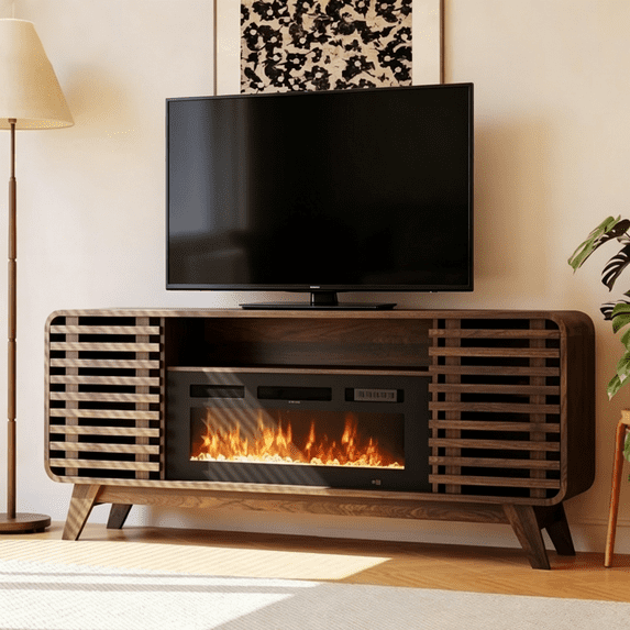 Sonegra Fireplace TV Stand with 36" Electric Fireplace, Mid Century Modern Entertainment Center with Led Lights for 80" TVs , Wood Media Console with Slatted Sliding Doors for Living Room, Brown