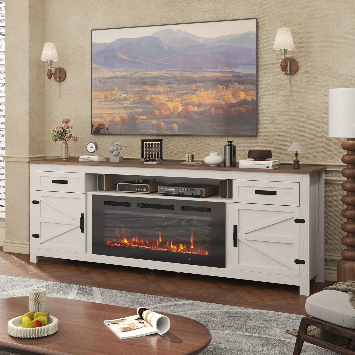 Sonegra Fireplace TV Stand with Barn Door for TVs up to 90", Farmhouse 80" Fireplace Entertainment Center, TV Console with Storage Cabinets for Living Room, White