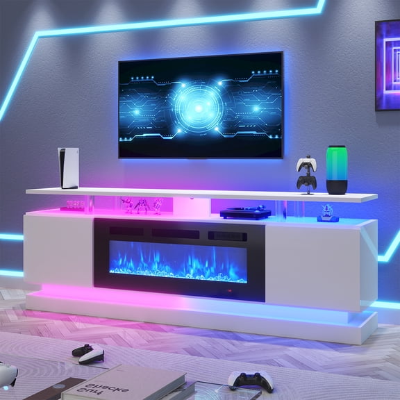 Sonegra Fireplace TV Stand with Electric Fireplace up to 80", Entertainment Center with Fireplace, LED 70" Modern TV Console with Storage for Livingroom, White