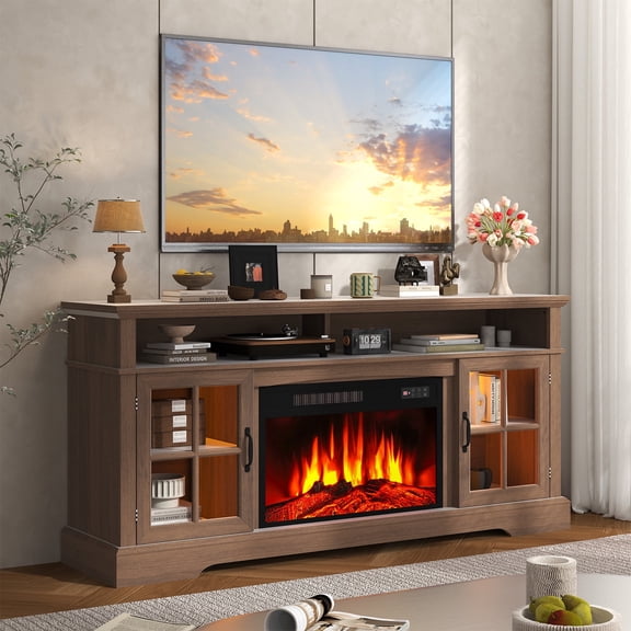 Sonegra Fireplace TV Stand, Farmhouse Entertainment Center for TVs Up to 70”, TV Console with Storage Cabinets, Media Console for Living Room, Brown