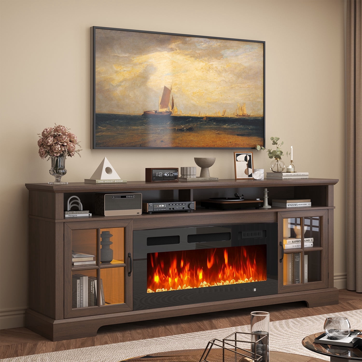 Sonegra Fireplace TV Stand, Farmhouse Entertainment Center for TVs Up to 81”, TV Console with Storage Cabinets, Media Console for Living Room, Brown