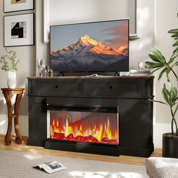 Sonegra Fireplace TV Stand for TVs up to 70" with 36" Fireplace, Farmhouse Entertainment Center with Fireplace, Wooden Media Console for Living Room, Black