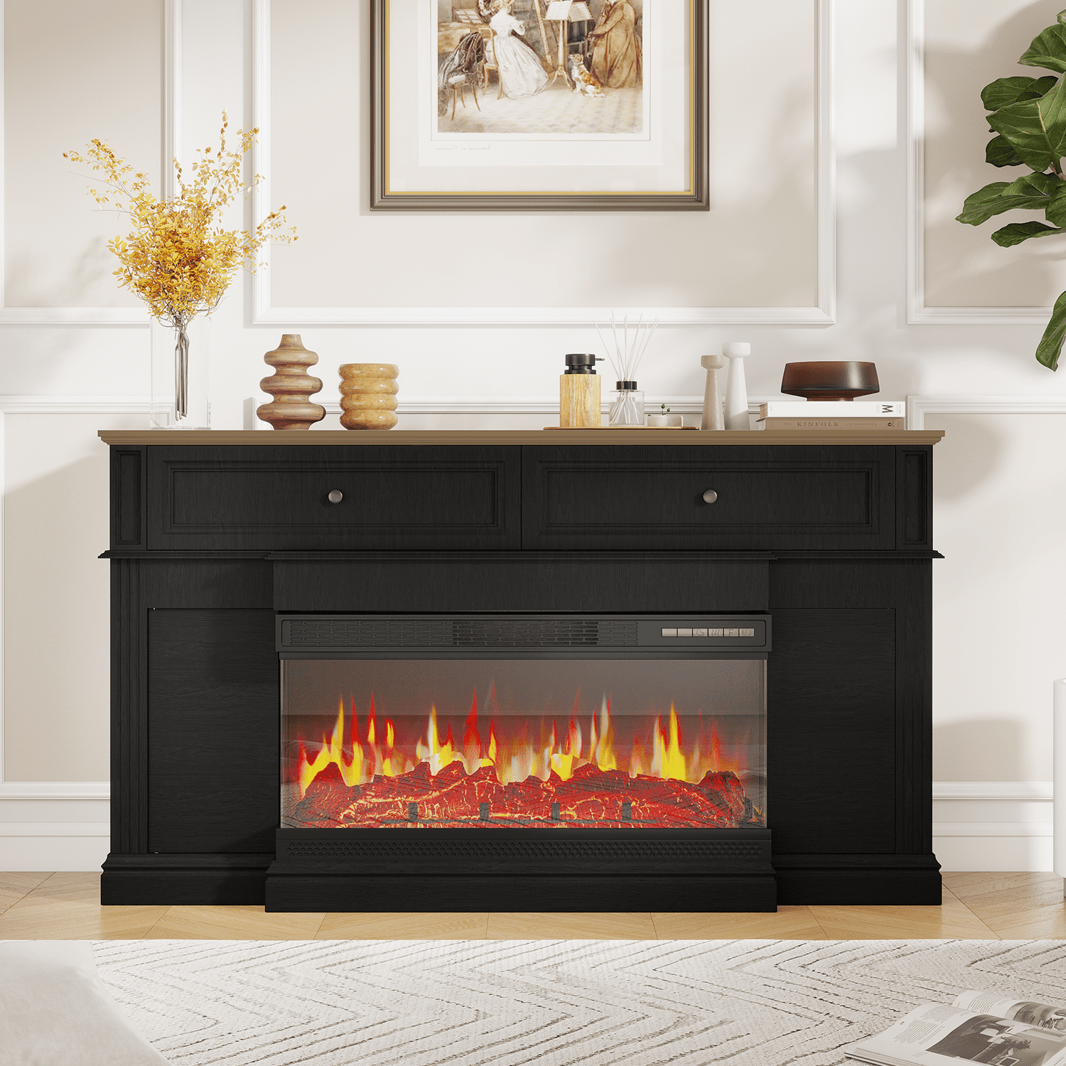 Sonegra Fireplace TV Stand for TVs up to 70" with 36" Fireplace, Farmhouse Entertainment Center with Fireplace, Wooden Media Console for Living Room, Black