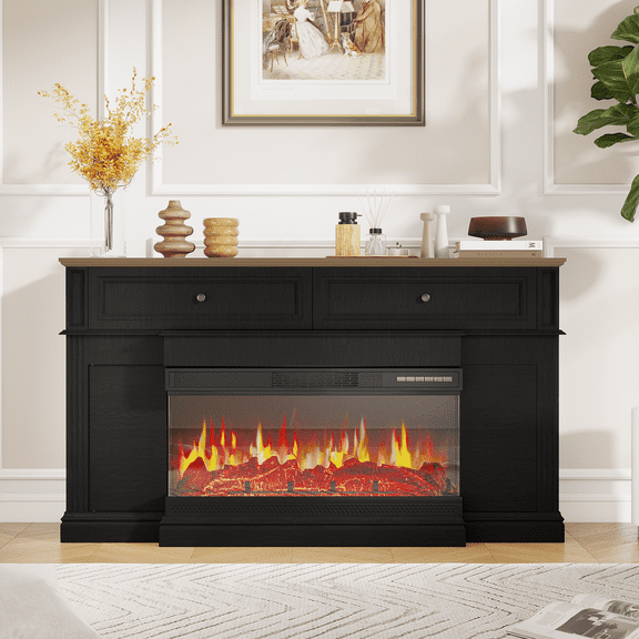 Sonegra Fireplace TV Stand for TVs up to 70" with 36" Fireplace, Farmhouse Entertainment Center with Fireplace, Wooden Media Console for Living Room, Black