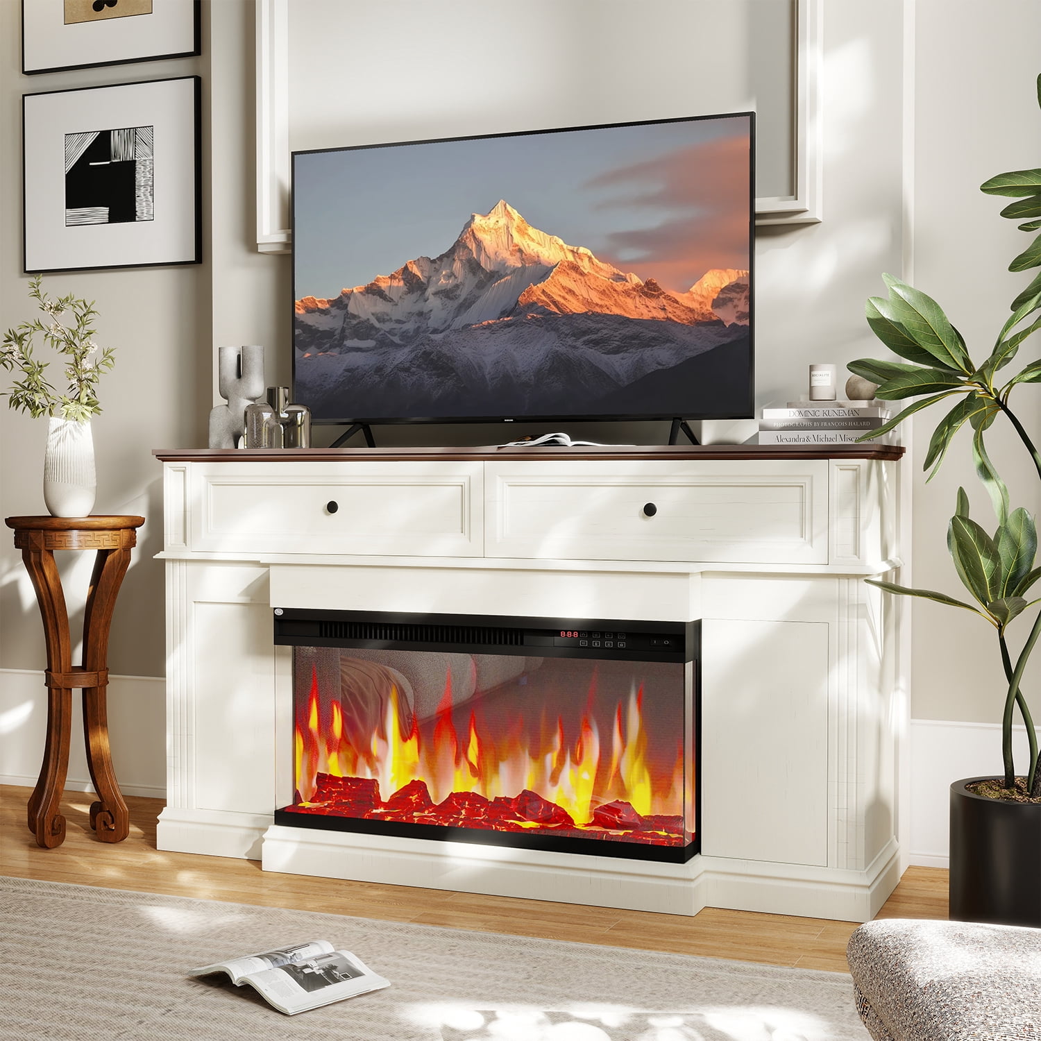 Sonegra Fireplace TV Stand for TVs up to 70" with 36" Fireplace, Farmhouse Entertainment Center with Fireplace, Wooden Media Console for Living Room, White