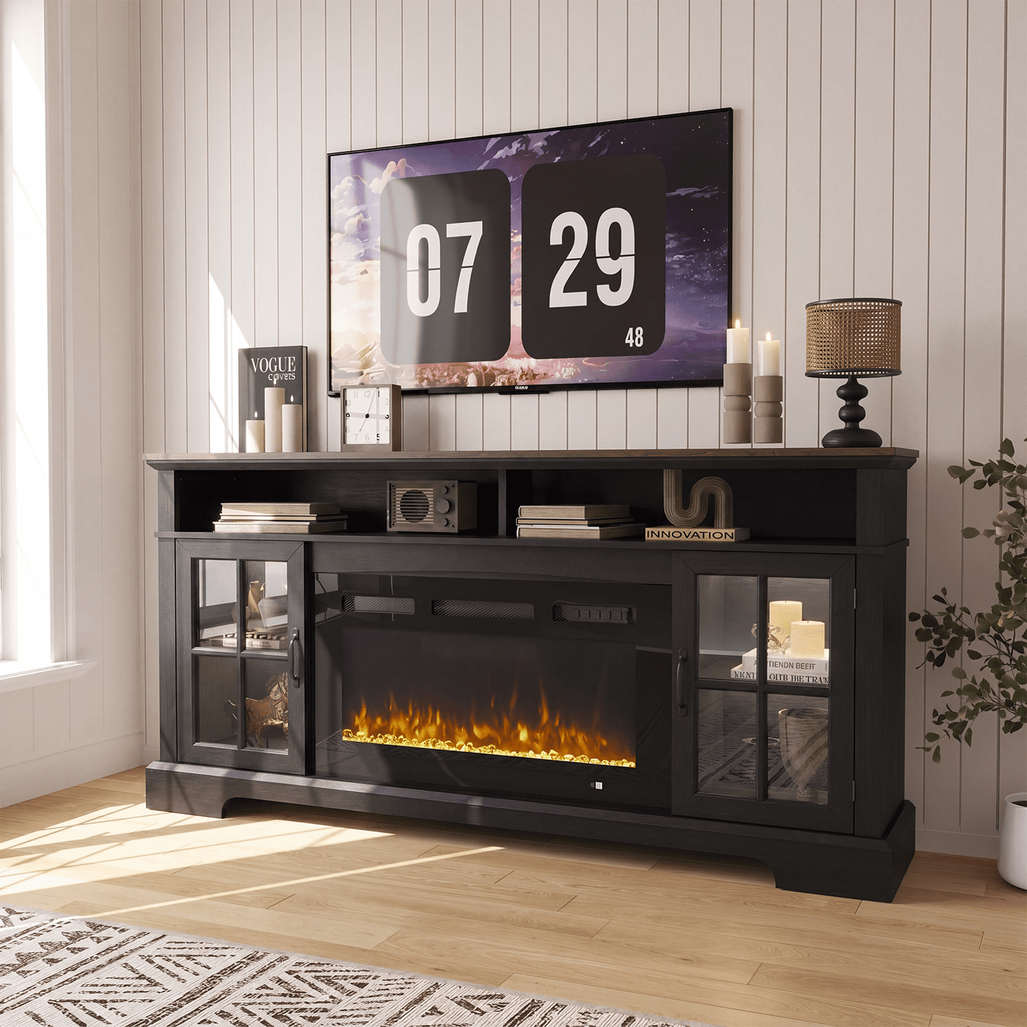 Sonegra Fireplace TV Stand with Glass Door for TVs up to 80", 70" Entertainment Center with Fireplace, Media Console for Living Room, Black