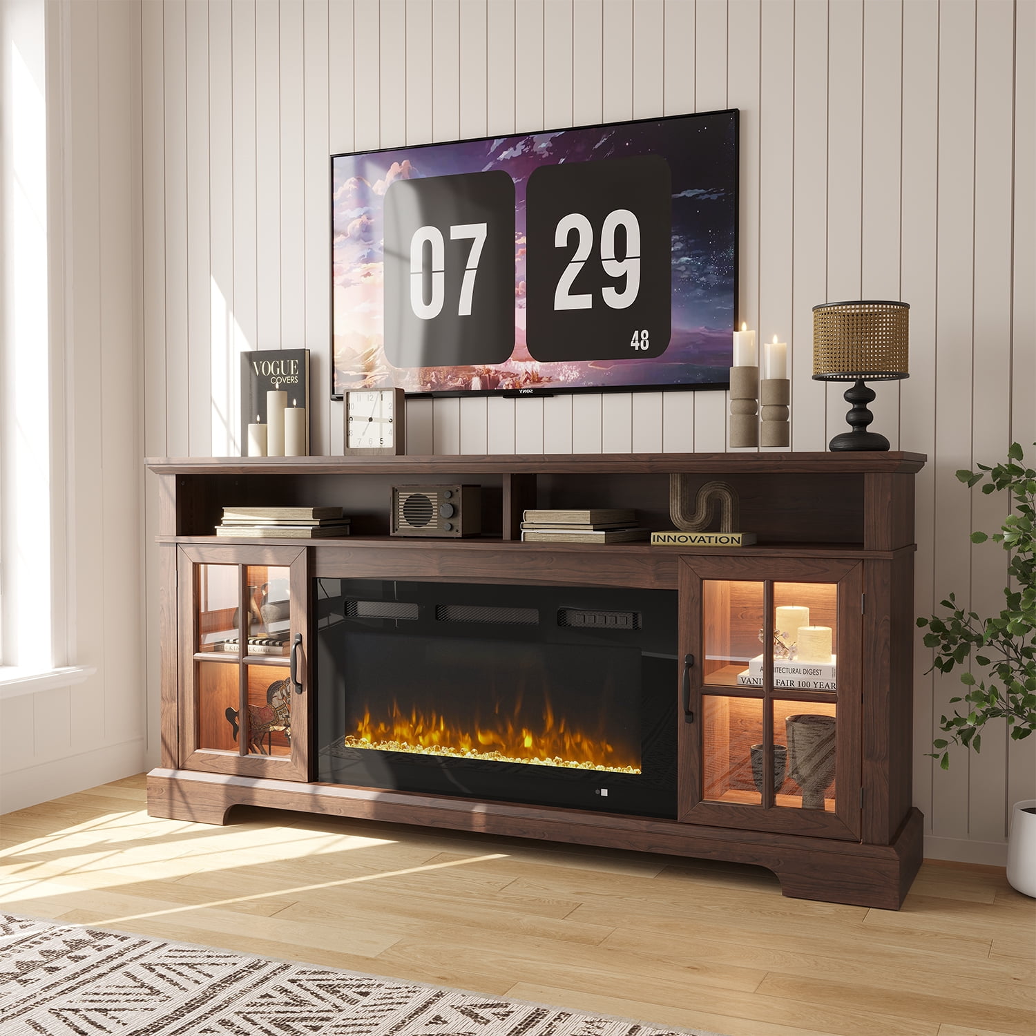Sonegra Fireplace TV Stand with Glass Door for TVs up to 80", 70" Entertainment Center with Fireplace, Media Console for Living Room, Brown
