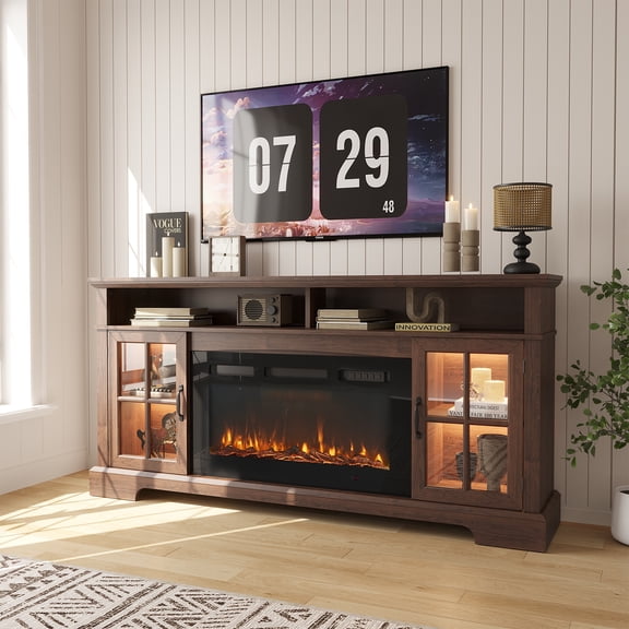 Sonegra Fireplace TV Stand with Glass Door for TVs up to 80", 70" Entertainment Center with Fireplace, Media Console for Living Room, Brown