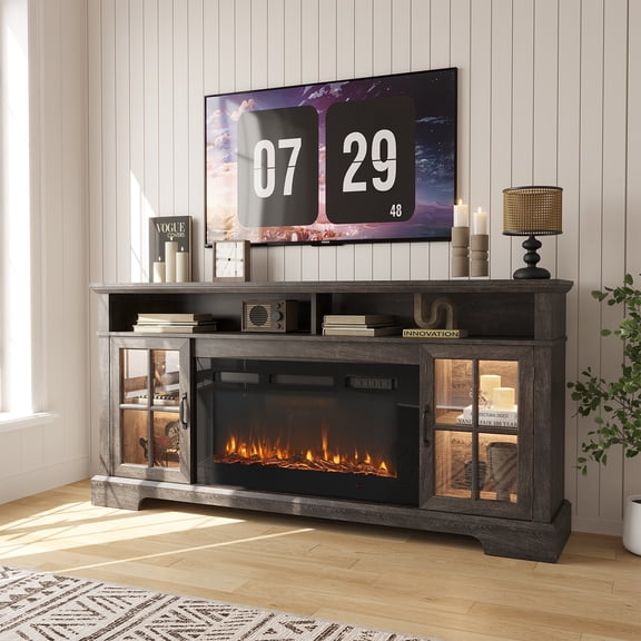 Sonegra Fireplace TV Stand with Glass Door for TVs up to 80", 70" Entertainment Center with Fireplace, Media Console for Living Room, Gray