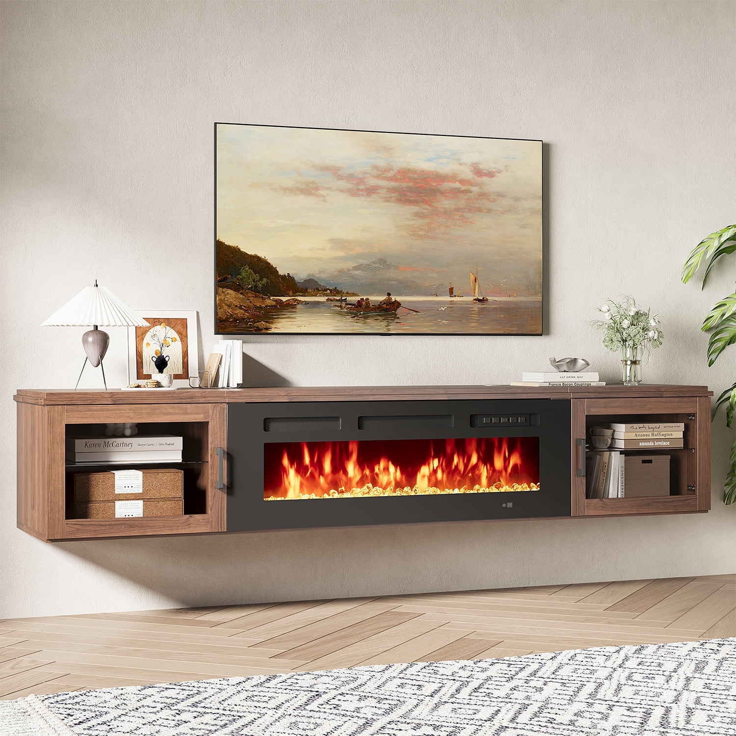 Sonegra Floating Fireplace TV Stand for TVs up 80", Wall Mounted Fireplace Entertainment Center, 70" Console Table with Electric Fireplace, Brown