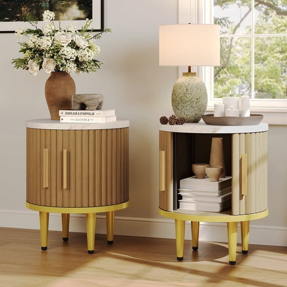 Sonegra Fluted Nightstand Set of 2, Modern Side Table with Faux Marble Top and Metal Handle, Boho Bedside End Table with Sliding Door and Curved Corners for Bedroom,Living Room, Natural Oak