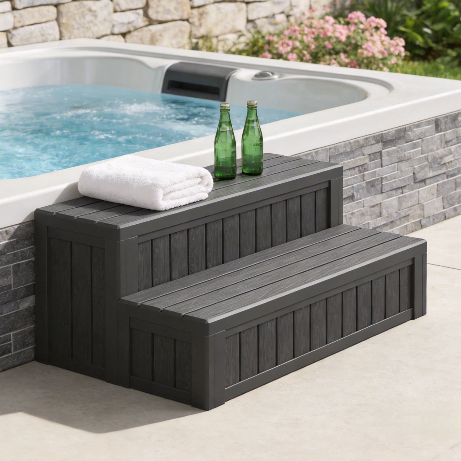 Sonegra Hot Tub Steps with Storage, Wood-Look Non-Slip Spa Steps for Outdoor Patio, Gray, 36"