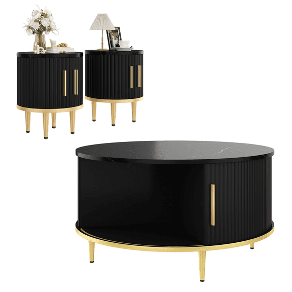 Sonegra Living Room Coffee Table Set 3-Piece Set, Including 31.5" Mid-Century Coffee Table and 2 End Tables with Storage Drawers, Black