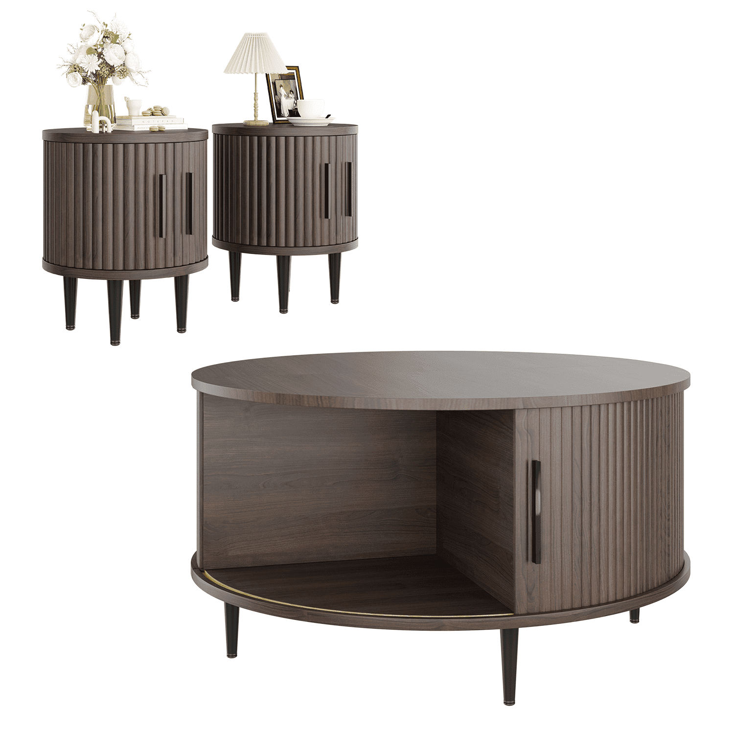 Sonegra Living Room Coffee Table Set 3-Piece Set, Including 31.5" Mid-Century Coffee Table and 2 End Tables with Storage Drawers, Brown