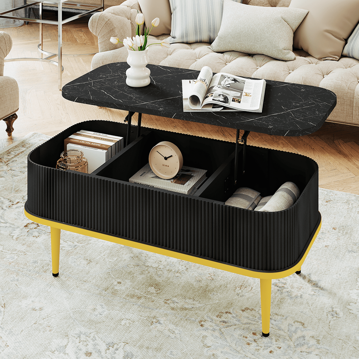 Sonegra Mid-Century Modern Rectangle Coffee Table with Lift Top, Fluted ...