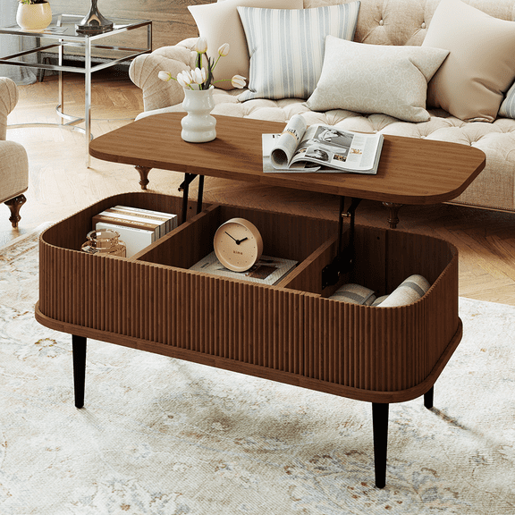 Sonegra Mid-Century Modern Rectangle Coffee Table with Lift Top, Fluted Detailing and Storage in Rich Brown Finish