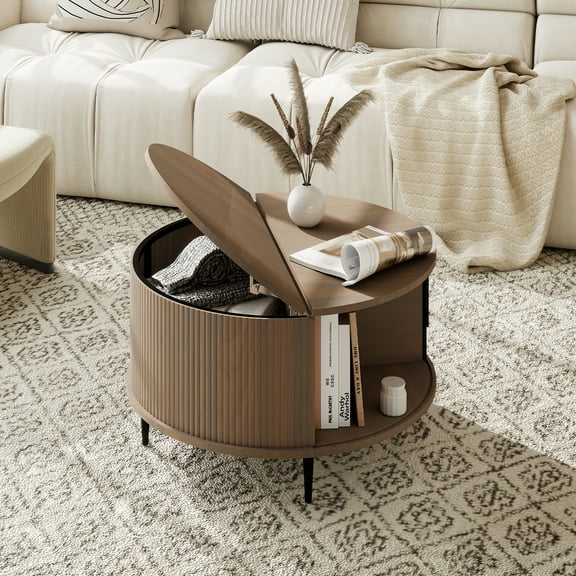 Sonegra Mid-Century Modern Round Coffee Table - Walnut Wood with Sliding Door Storage for Living Room