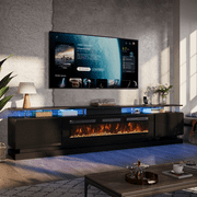 Sonegra Modern Fireplace TV Stand for TVs Up to 100" with music sync LED, 90" Fireplace Entertainment Center with Charging Station, TV Console with Storage Cabinets for Living Room, Black