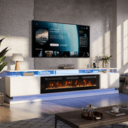 Sonegra Modern Fireplace TV Stand for TVs Up to 100" with music sync LED, 90" Fireplace Entertainment Center with Charging Station, TV Console with Storage Cabinets for Living Room, White