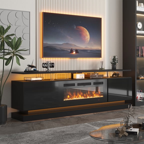 Sonegra Modern Fireplace TV Stand for TVs Up to 80" with Music Sync LED, 70" Entertainment Center with Electric Fireplace, TV Console with Storage Cabinets for Living Room, Black, WI-FI Enabled