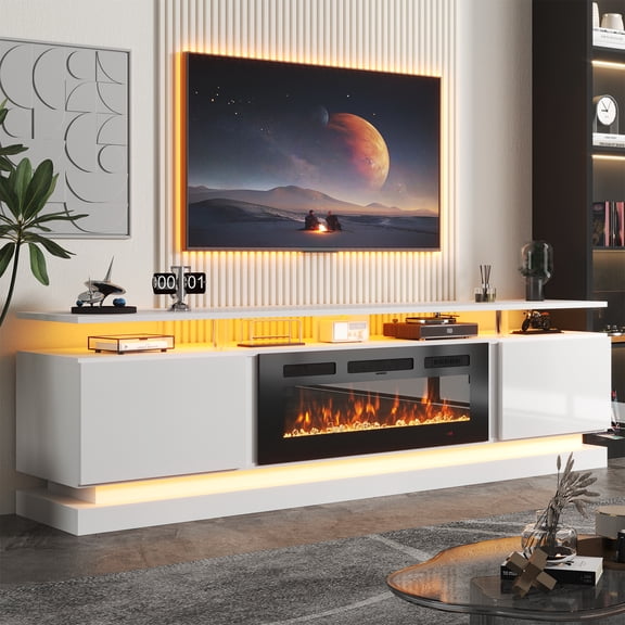 Sonegra Modern Fireplace TV Stand for TVs Up to 80" with music sync LED, 70" Entertainment Center with Electric Fireplace, TV Console with Storage Cabinets for Living Room, White