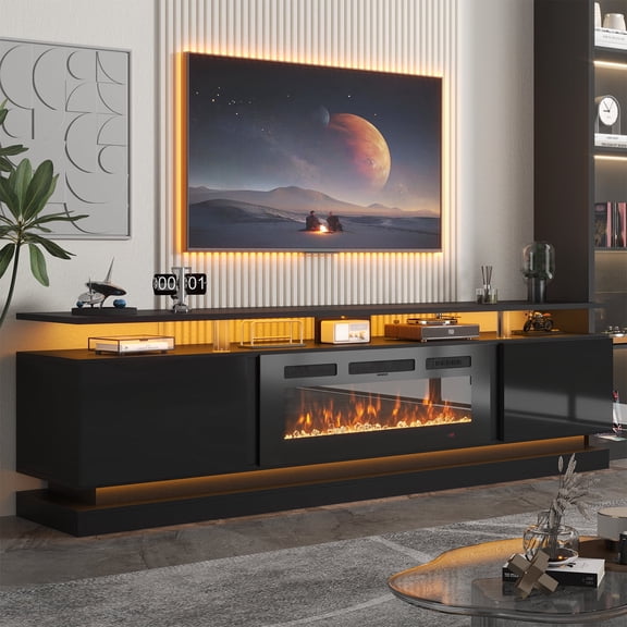 Sonegra Modern Fireplace TV Stand for TVs Up to 90" with Music Sync LED, 80" Entertainment Center with Electric Fireplace, TV Console with Storage Cabinets for Living Room, Black, WI-FI Enabled