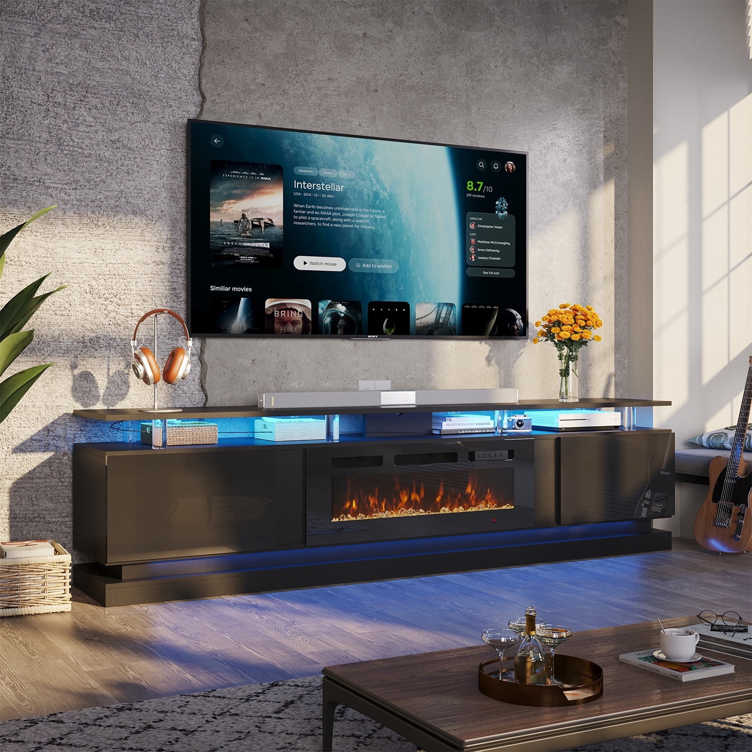 Sonegra Modern Fireplace TV Stand for TVs Up to 90" with Music Sync LED, 80" Entertainment Center with Electric Fireplace, TV Console with Storage Cabinets for Living Room, Black
