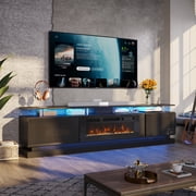 Sonegra Modern Fireplace TV Stand for TVs Up to 90" with Music Sync LED, 80" Entertainment Center with Electric Fireplace, TV Console with Storage Cabinets for Living Room, Black