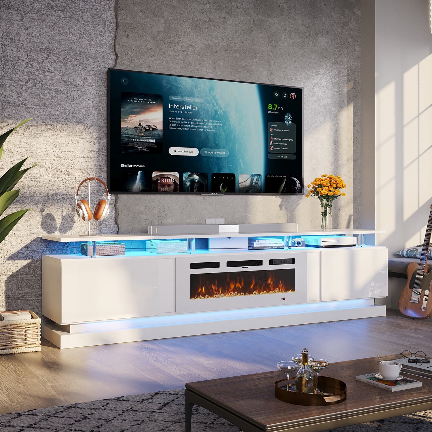 Sonegra Modern Fireplace TV Stand for TVs Up to 90" with Music Sync LED, 80" Entertainment Center with Electric Fireplace, TV Console with Storage Cabinets for Living Room, White