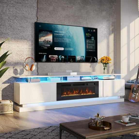 Sonegra Modern Fireplace TV Stand for TVs Up to 90" with Music Sync LED, 80" Entertainment Center with Electric Fireplace, TV Console with Storage Cabinets for Living Room, White