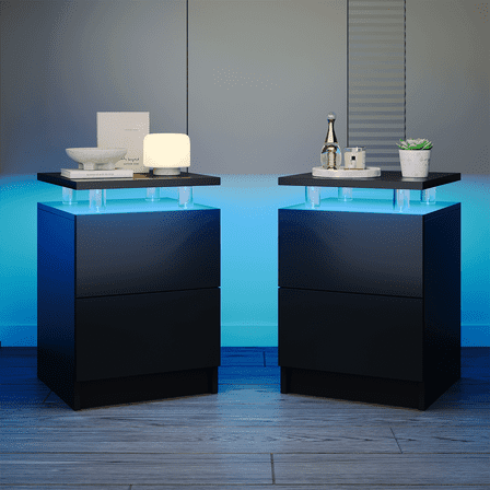 Sonegra Nightstand Set of 2, LED End Table with 2 Storage Drawers, Sofa Side Table for Living Room and Bedroom, Black 15IN