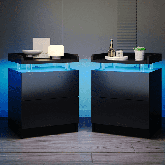 Sonegra Nightstand Set of 2 with Charging Station, LED End Table with 2 Storage Drawers, Sofa Side Table for Living Room and Bedroom, Black 18IN