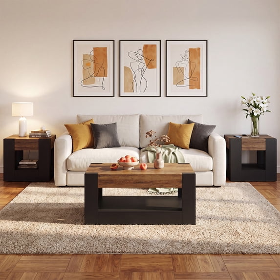 Sonegra 3 Piece Farmhouse Living Room Table Set Coffee Table with Drawers Open Storage and 2 Matching Rustic Wood Side End Tables,Black