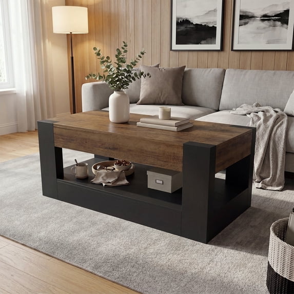 Sonegra Farmhouse Coffee Table with 2 Side Drawers, 47 Inch Rustic Wooden Rectangular Cocktail Table, Multifunctional TV Stand for Living Room,Black