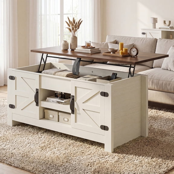 Sonergra Lift Top Coffee Table with Storage, Farmhouse Living Room Table with Charging Station & Barn Doors, White