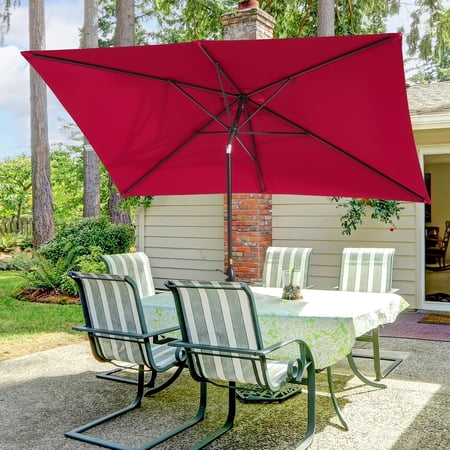 Sonerlic 10 x 6.5ft Outdoor Patio Rectangular Table Umbrella with Hand Crank and Push Button Tilt for Deck, Poolside and Garden,Red