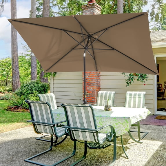 Sonerlic 10 x 6.5ft Outdoor Patio Rectangular Table Umbrella with Hand Crank and Push Button Tilt for Deck, Poolside and Garden,Taupe