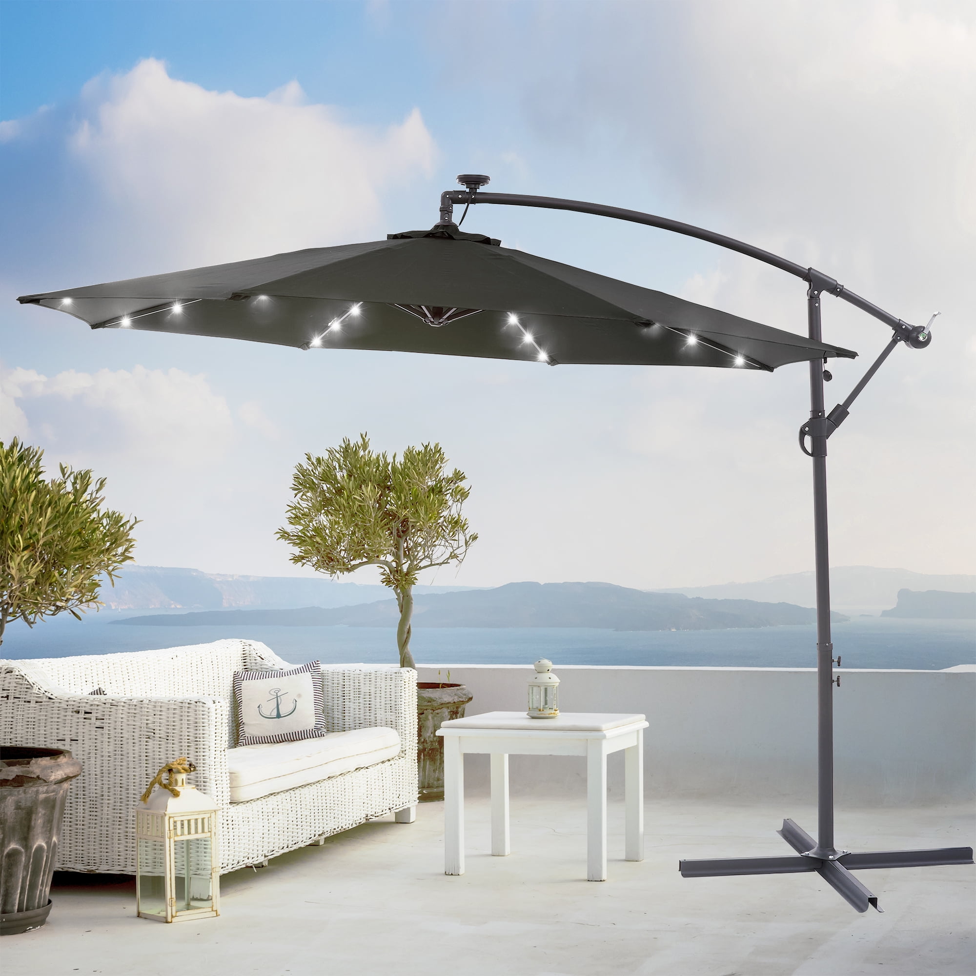 10'patio offset hanging umbrella Sonerlic 10ft LED Outdoor Patio Offset Hanging Umbrella w/ Steel Frame for  Yard, Poolside and Deck,Black
