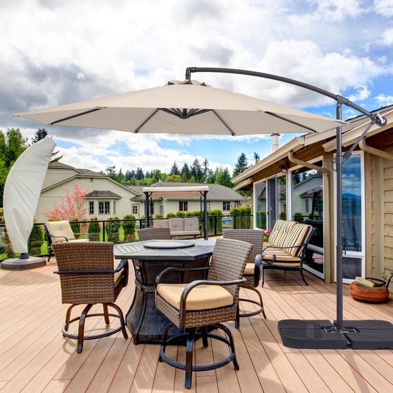 Sonerlic 10ft Outdoor Patio Hanging Offset Umbrella with Steel Frame for Yard,Poolside and Deck,Beige